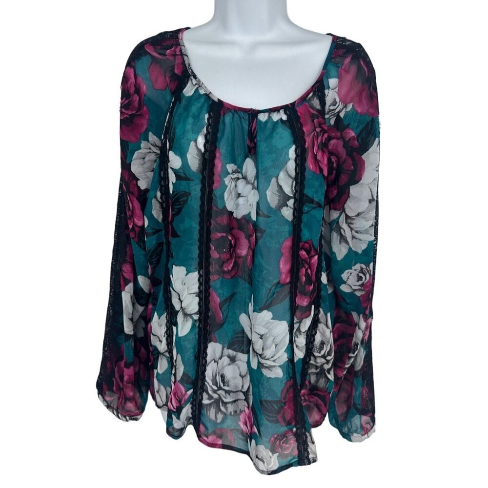 White House Black Market Womens Green Red Floral Lace Trim Sheer‎ Blouse Size M